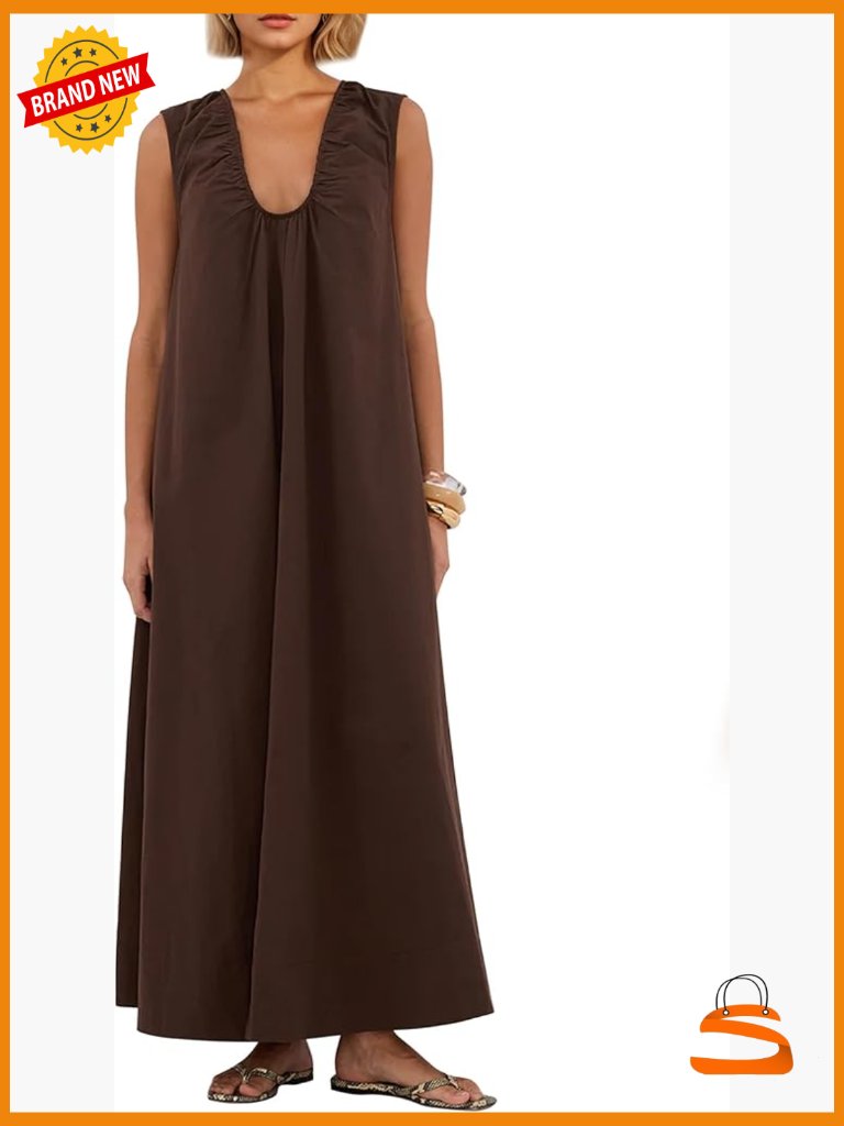 Sleeveless Ruched Maxi Dress Scoop Neck Long With Pockets